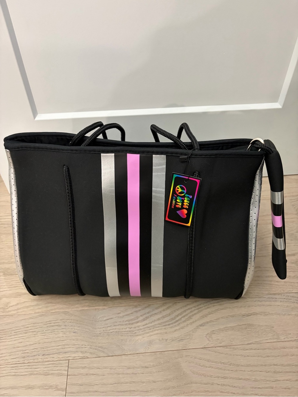 Neoprene Tote Bag with Pink & Silver Stripes